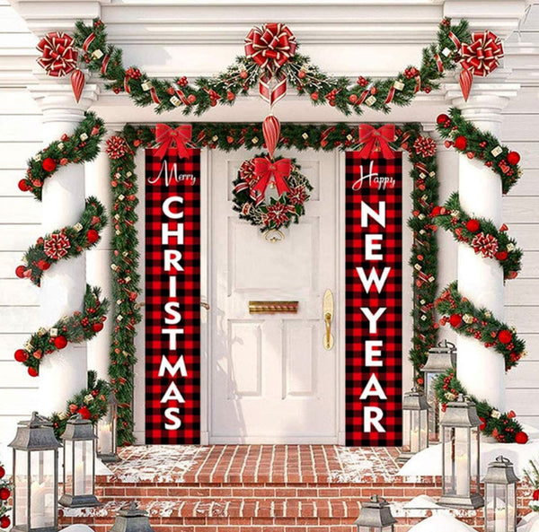 MEMOVAN Christmas Porch Banners, Merry Christmas Happy New Year Red Check
