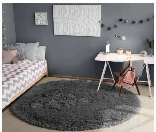 Gray Round Rug for Bedroom, Fluffy Circle Rug 5'X5' for Kids Teen's Living Room