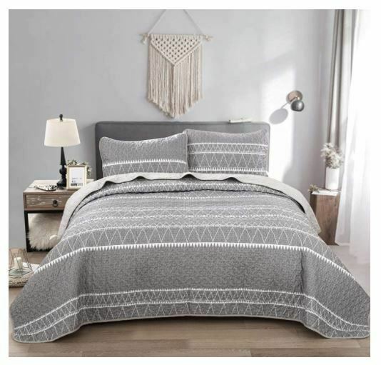 Grey Quilt Set Queen, Striped Pattern Bedspread, Queen Lightweight Microfiber